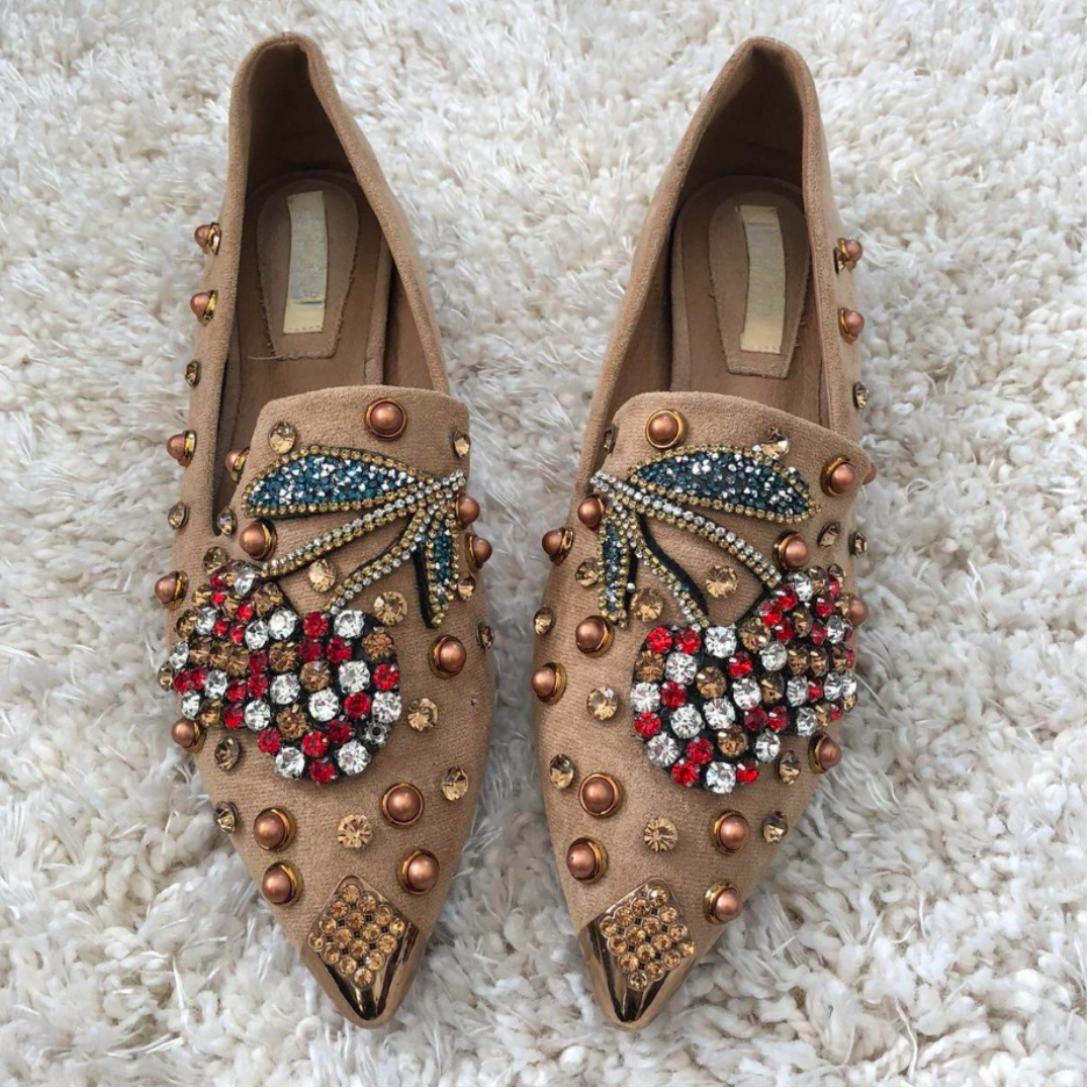 Pre Order:  Rhinestone Cherry Metal Pointed Toe Flat Shoes