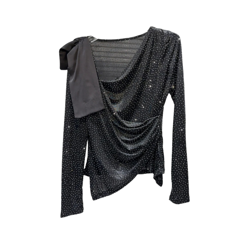 Pre Order: Hot Diamond Slanted Neck Pleated Mesh Top