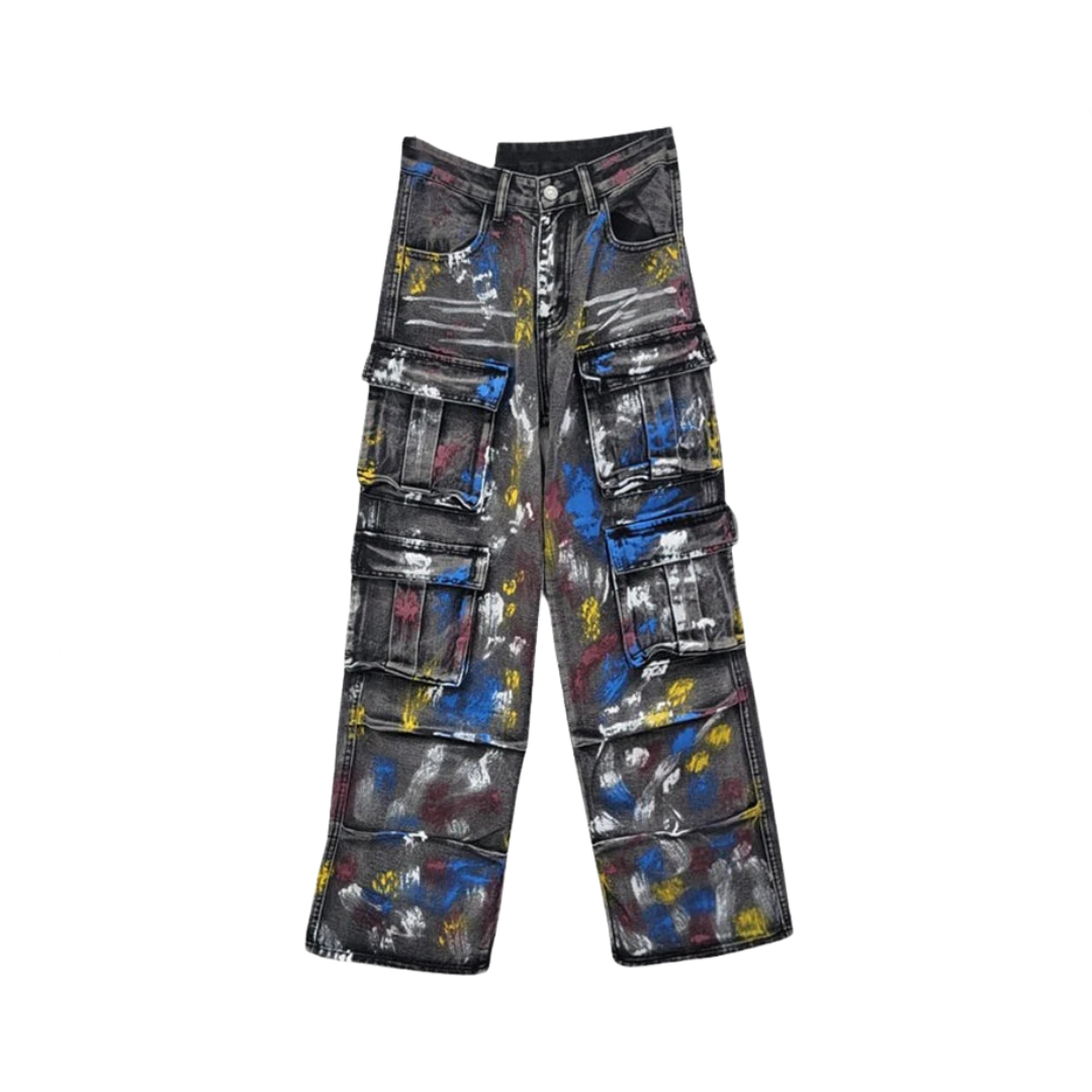 Pre Order:  Spray Painted Graffiti Multi Pocket Cargo Jeans