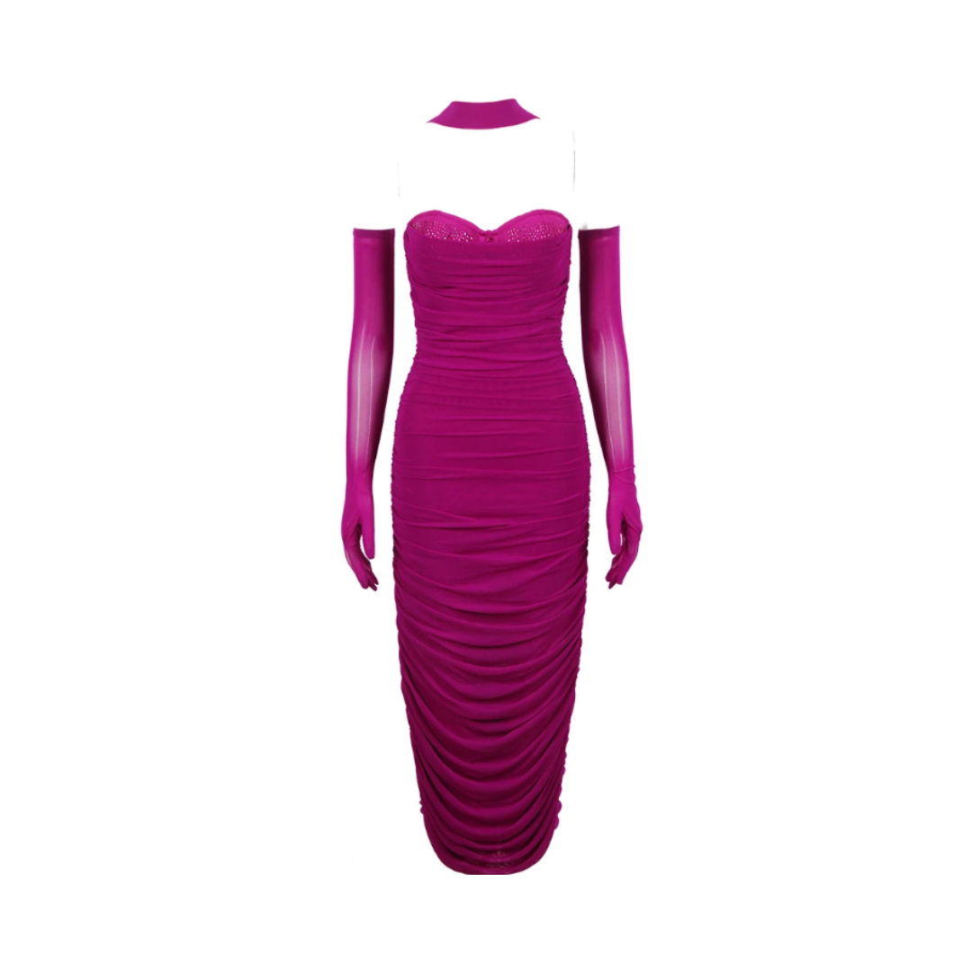 Pre Order:  Solid Pleated Mesh Bandage Dress with Gloves