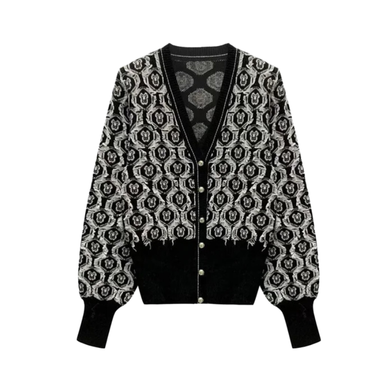 Pre Order: Vintage Jacquard Slim Fit V-Neck Long Sleeve Cardigan