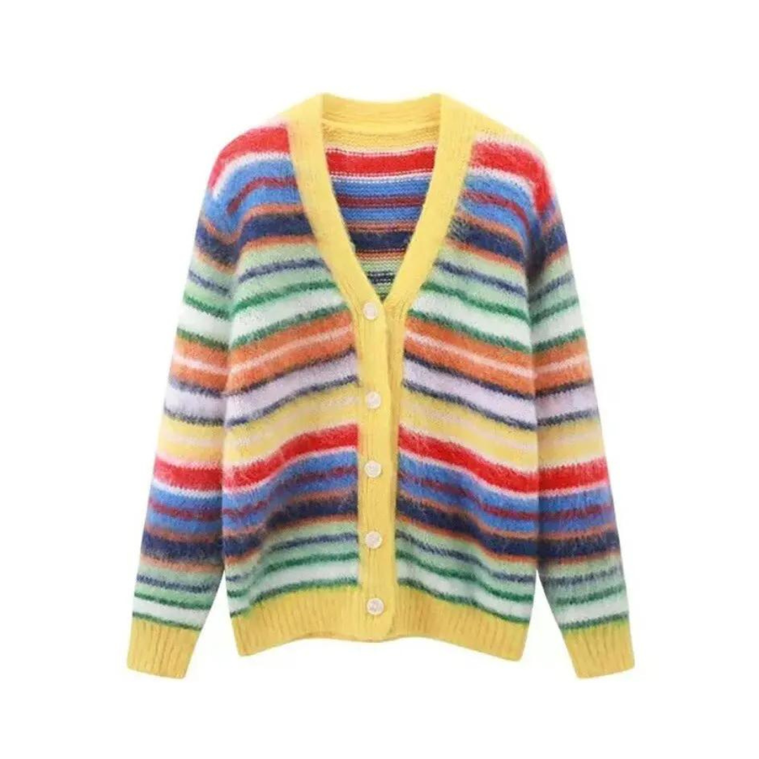 Multicolor Striped Long Sleeves V-Neck Cardigan