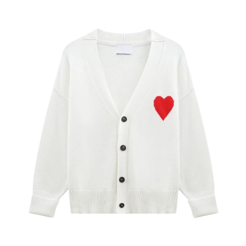 Pre Order: Heart Embroidery Loose Fit Cotton Knitted Cardigan