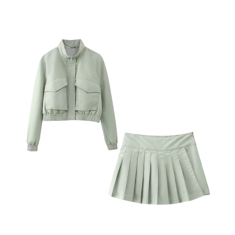 Pre Order: Solid Zipper Jacket + Skirt Set