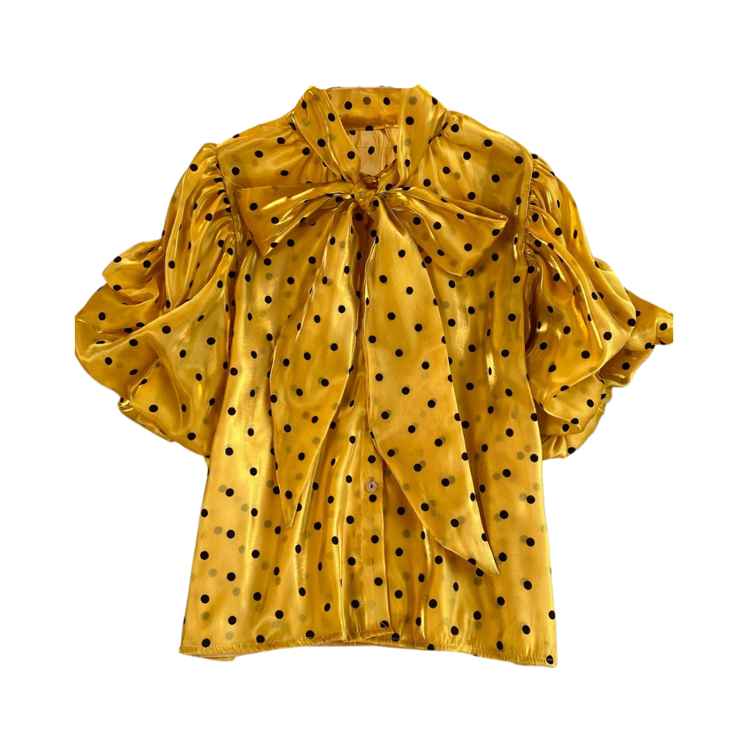 Pre Order:  Bow Neck Bubble Sleeve Polka Dot Blouse