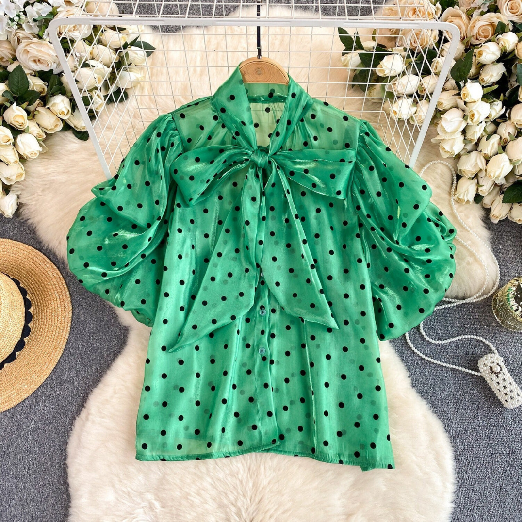 Pre Order:  Bow Neck Bubble Sleeve Polka Dot Blouse