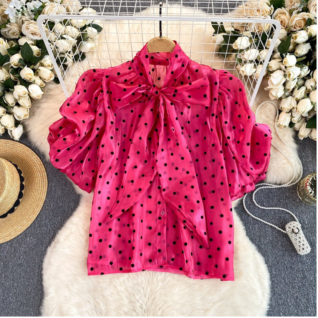 Pre Order:  Bow Neck Bubble Sleeve Polka Dot Blouse