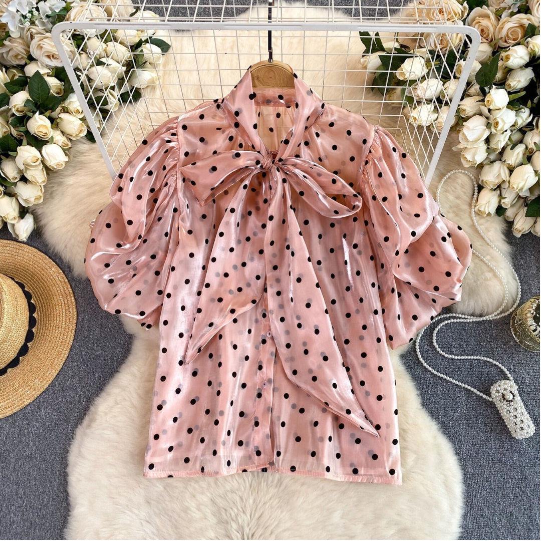 Pre Order:  Bow Neck Bubble Sleeve Polka Dot Blouse