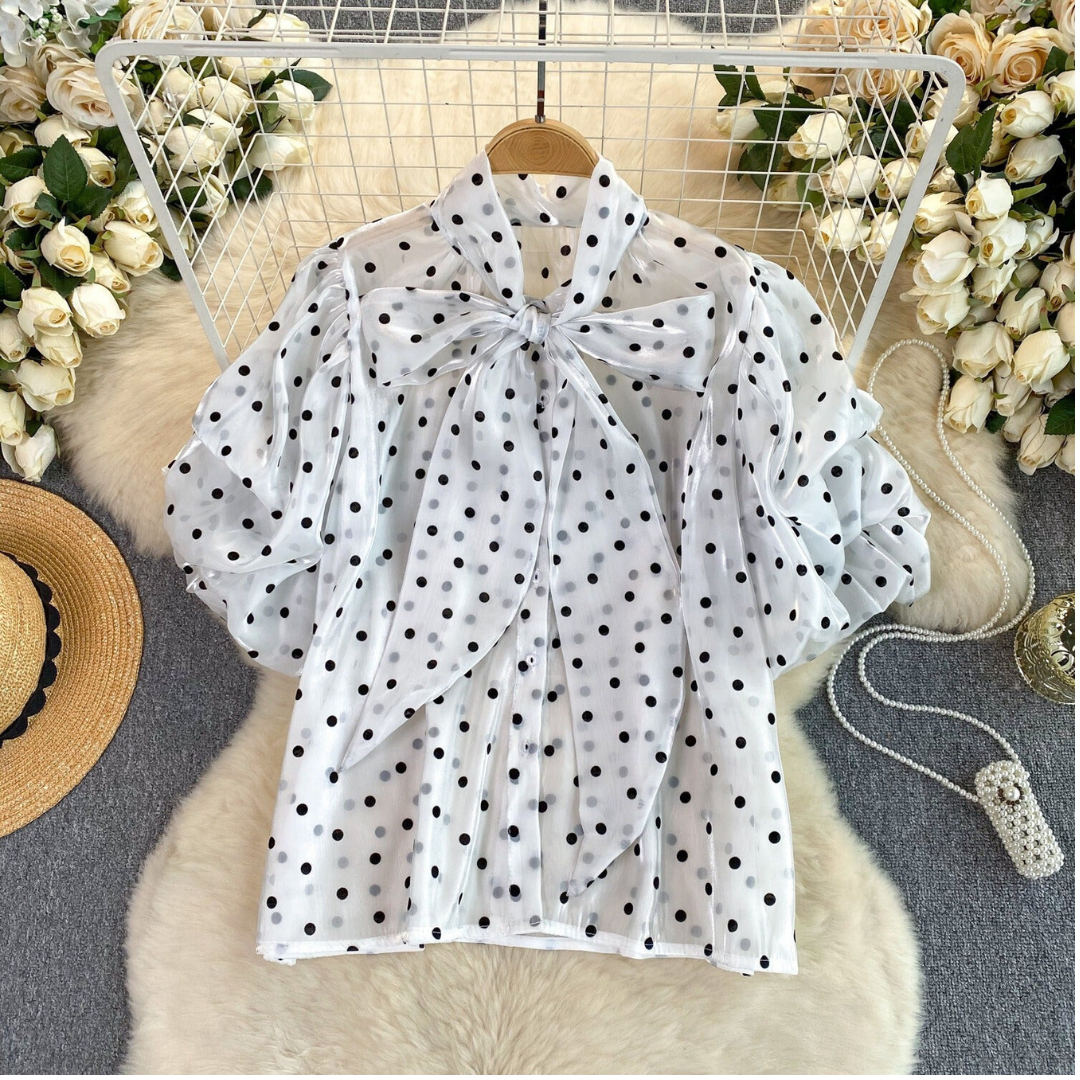 Pre Order:  Bow Neck Bubble Sleeve Polka Dot Blouse