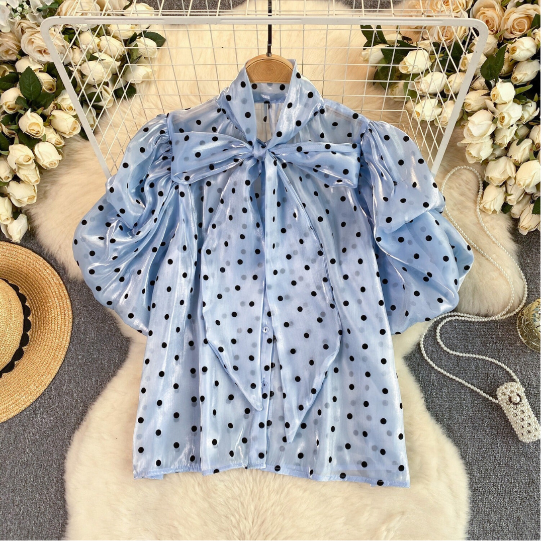 Pre Order:  Bow Neck Bubble Sleeve Polka Dot Blouse