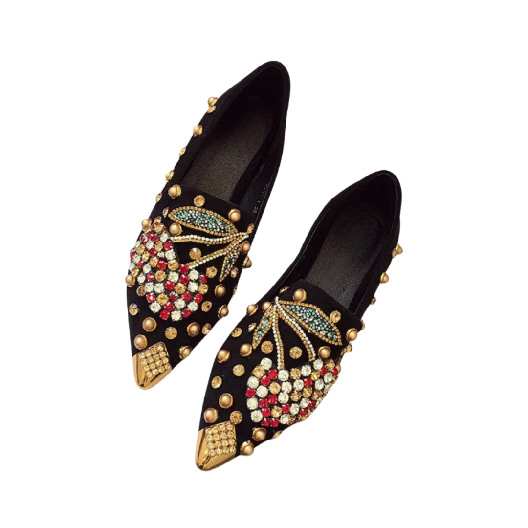 Pre Order:  Rhinestone Cherry Metal Pointed Toe Flat Shoes