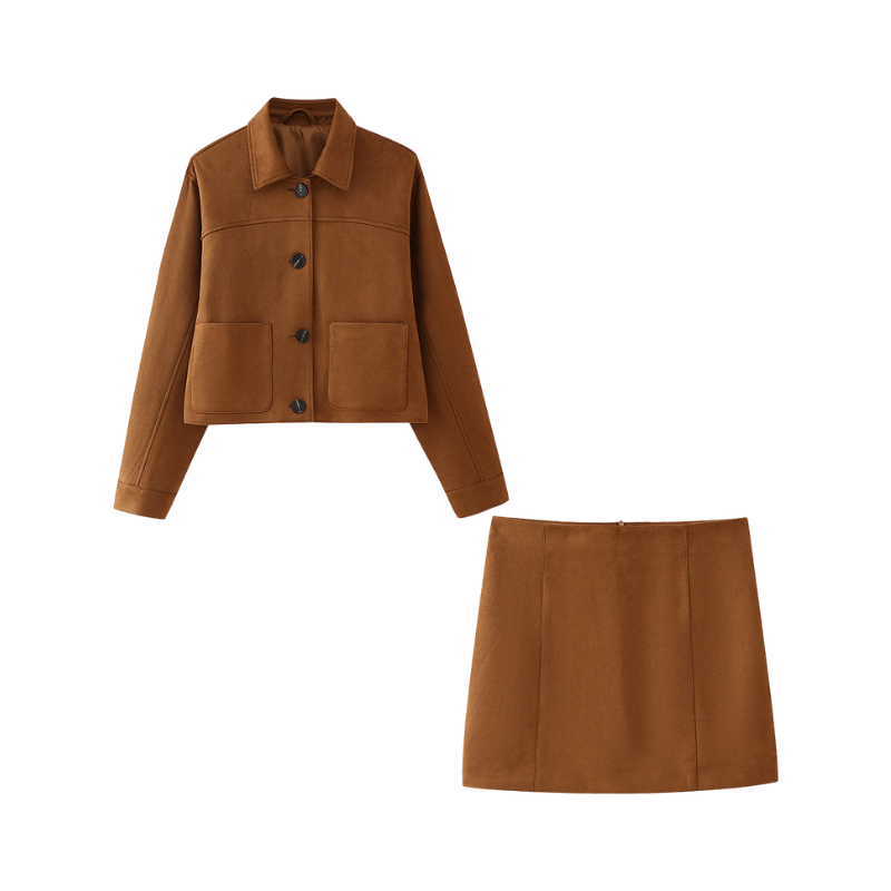 Pre Order: Brown Suede Jacket + Short Skirt Set