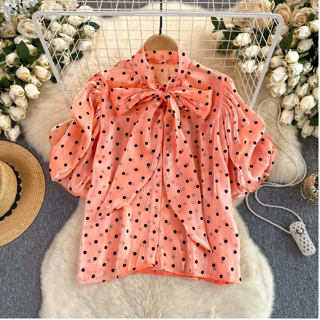 Pre Order:  Bow Neck Bubble Sleeve Polka Dot Blouse