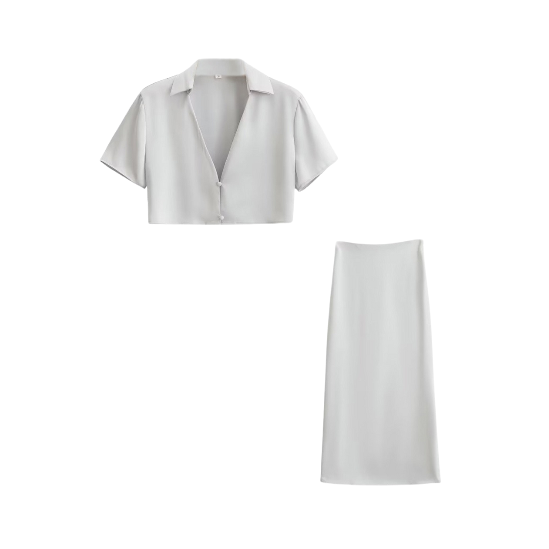 Pre Order:  Satin Short Sleeved Cropped Shirt + High Waisted Skirt