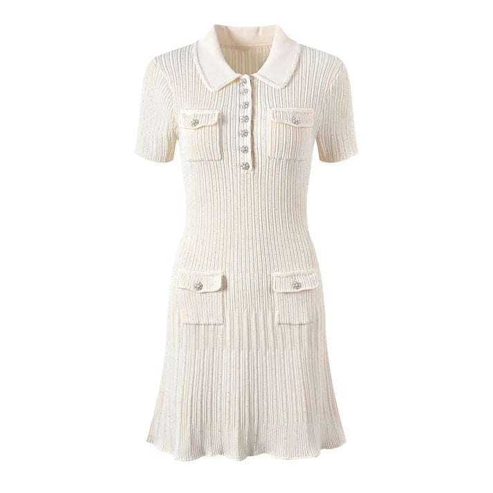 Pre Order:  Knitted Diamond Button Short Sleeved Dress