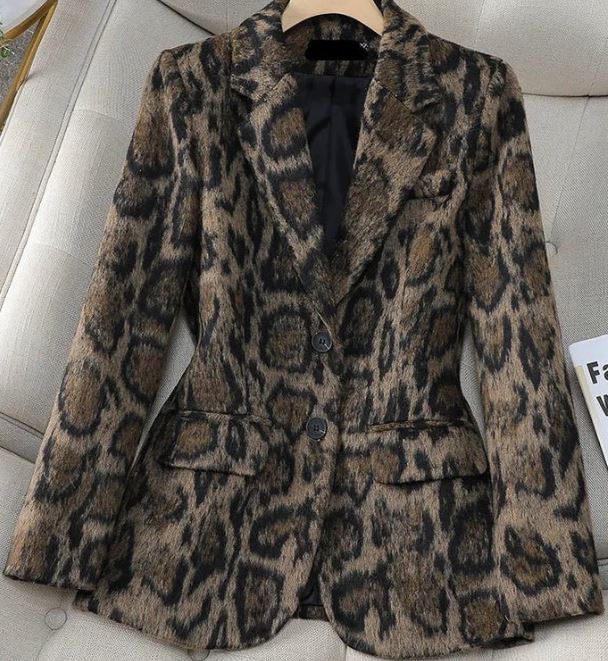 Leopard Long Sleeves Woolen Blazer- Final Sale