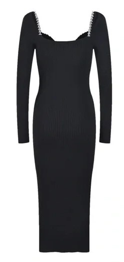 Pre Order:  Bejeweled Collar Trim Mid-Calf Dress