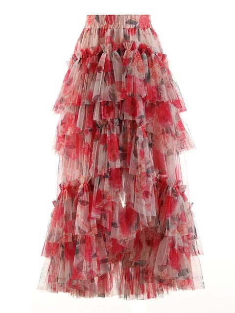 Floral Asymmetrical Ruffled Mesh Skirt - Kelly Obi New York