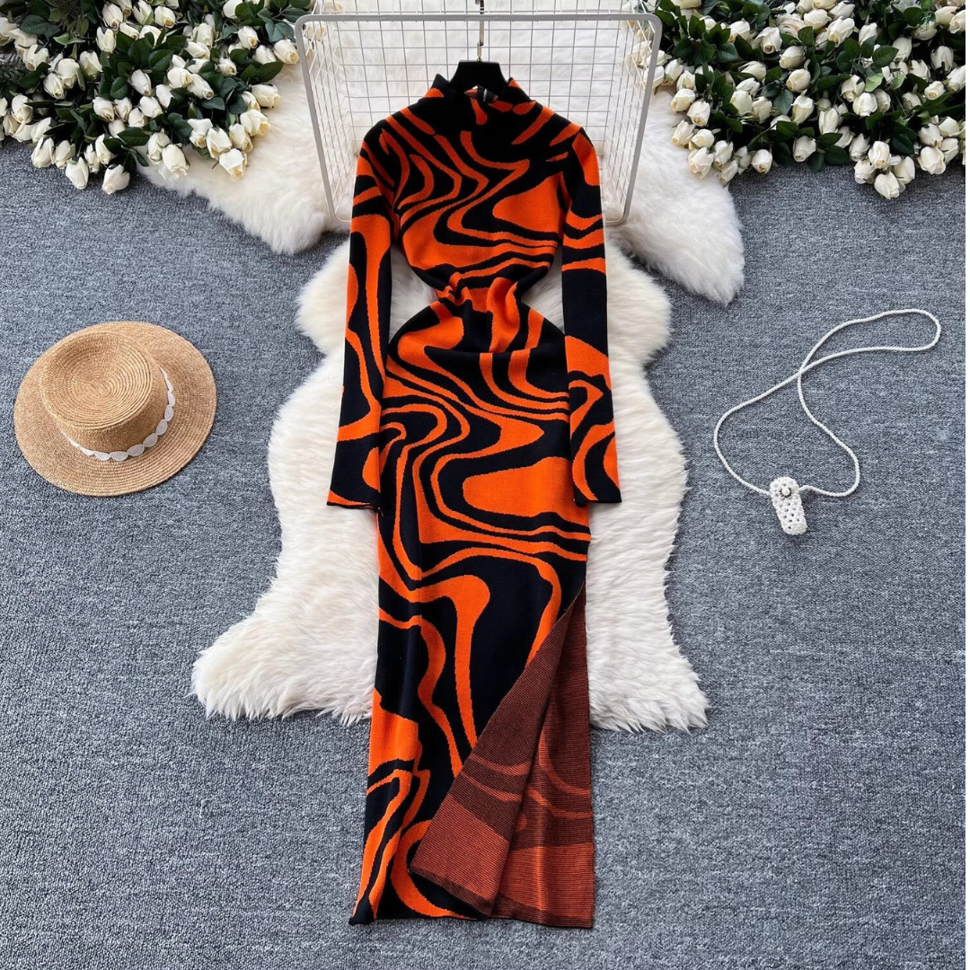 Pre Order:  Printed Slim Fit Slit Knitted Dress