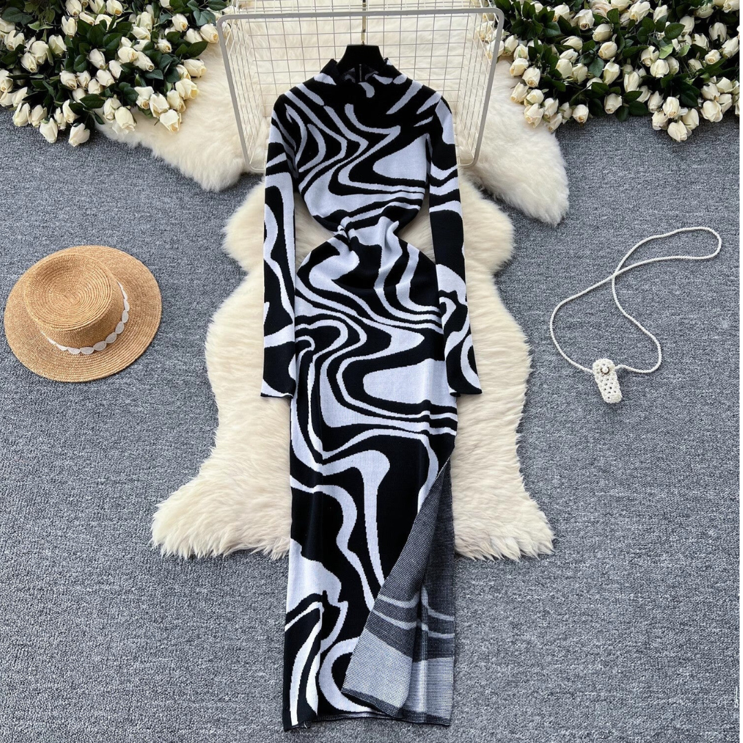 Pre Order:  Printed Slim Fit Slit Knitted Dress