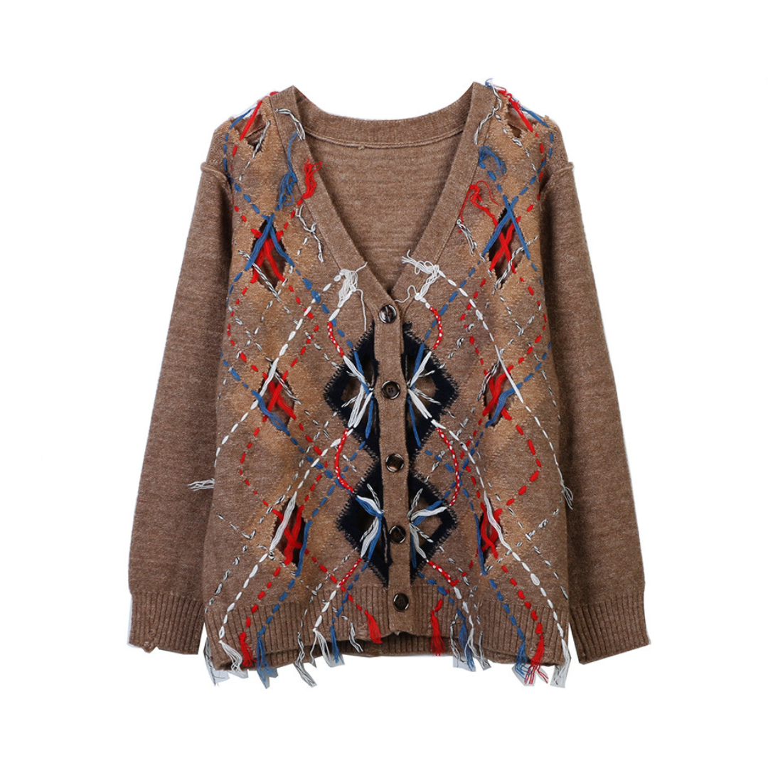 Retro Broken Holes Fringe V-Neck Knitted Cardigan