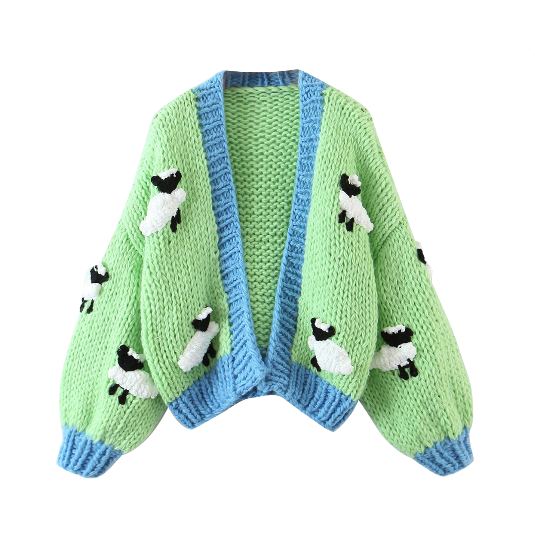 Little Sheep Coarse Needle Knitted Long Sleeve Cardigan