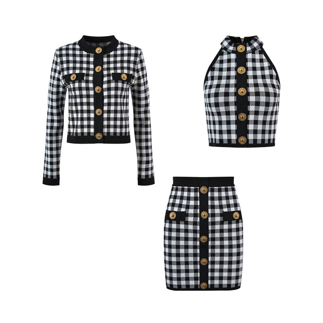 Pre Order:  Plaid Metal Buckle Knitted Three-Piece Set