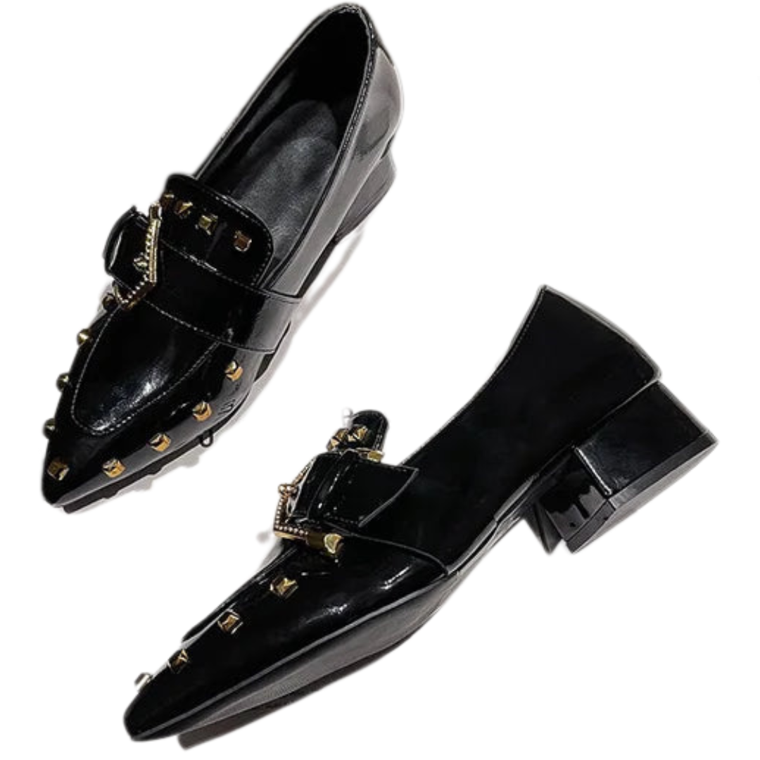 Pre Order:  Retro Pointed Toe Rivet Thick Heel Loafers