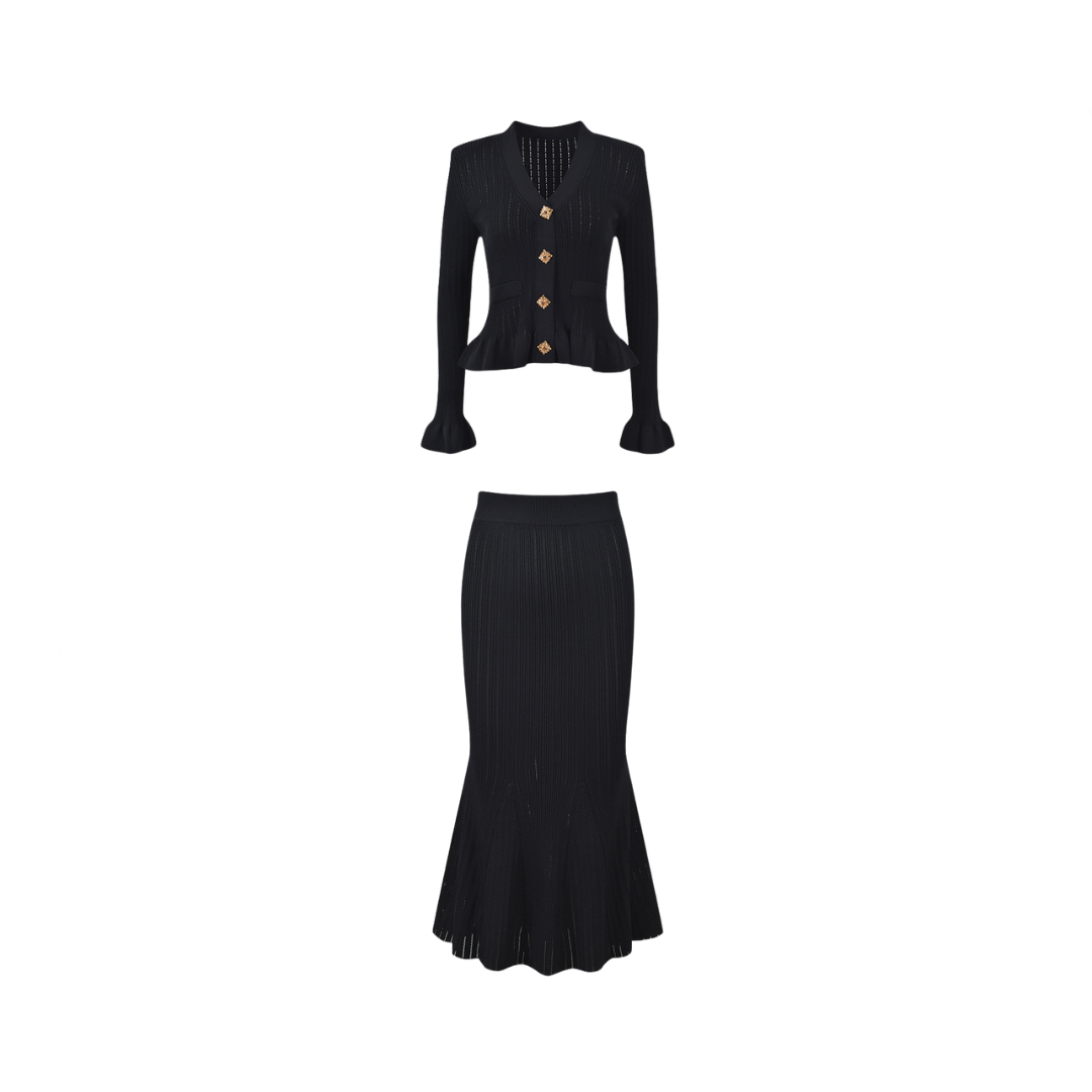 Pre Order:  V-Neck Fungus Edge Cuff Top + Mermaid Skirt Set