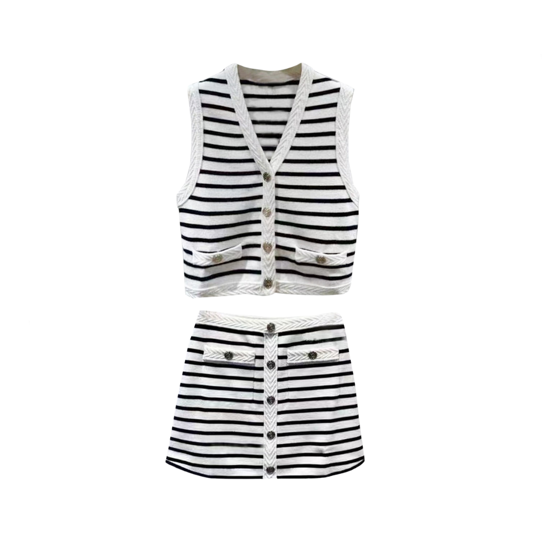 Pre Order:  Striped V-Neck Knit Vest + A-Line Knit Skirt