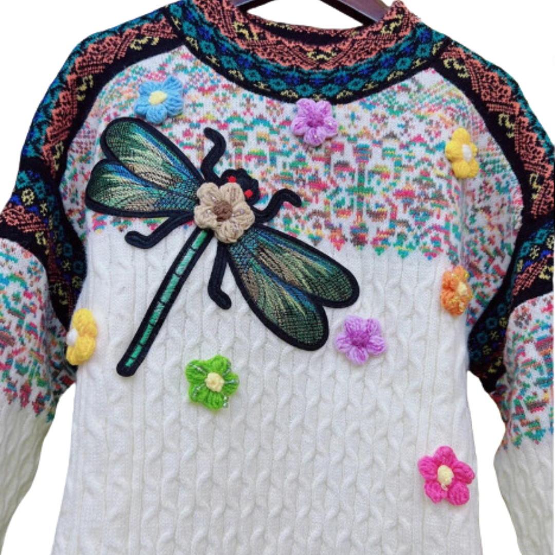 Pre Order:  Dragonfly Embroidery Round Neck Retro Knitted Sweater