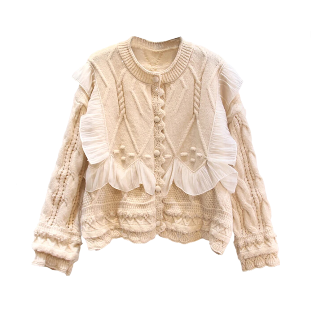 Pre Order:  Ruffled Lace Long Sleeve Loose Knitted Cardigan