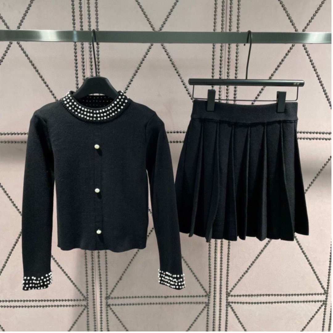 Pre Order:  Nail Bead Knitted Cardigan + High Waisted Pleated Skirt Set