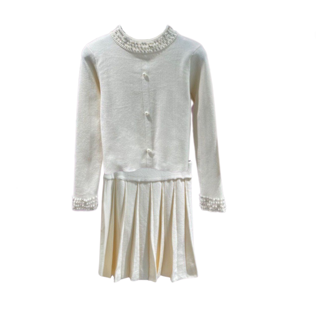 Pre Order:  Nail Bead Knitted Cardigan + High Waisted Pleated Skirt Set