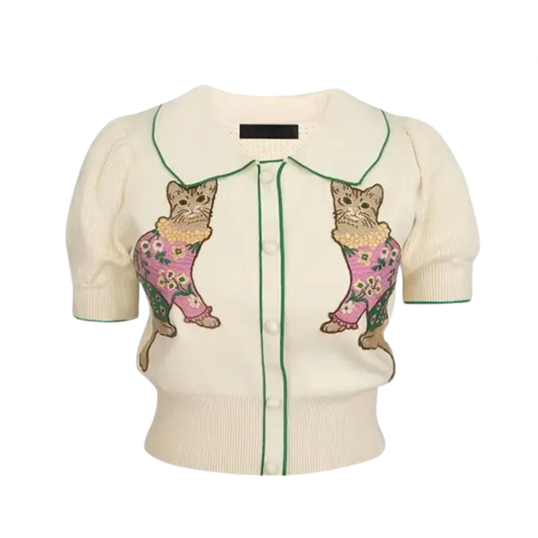 Pre Order:  Cat Embroidery Short Sleeve Knitted T-Shirt