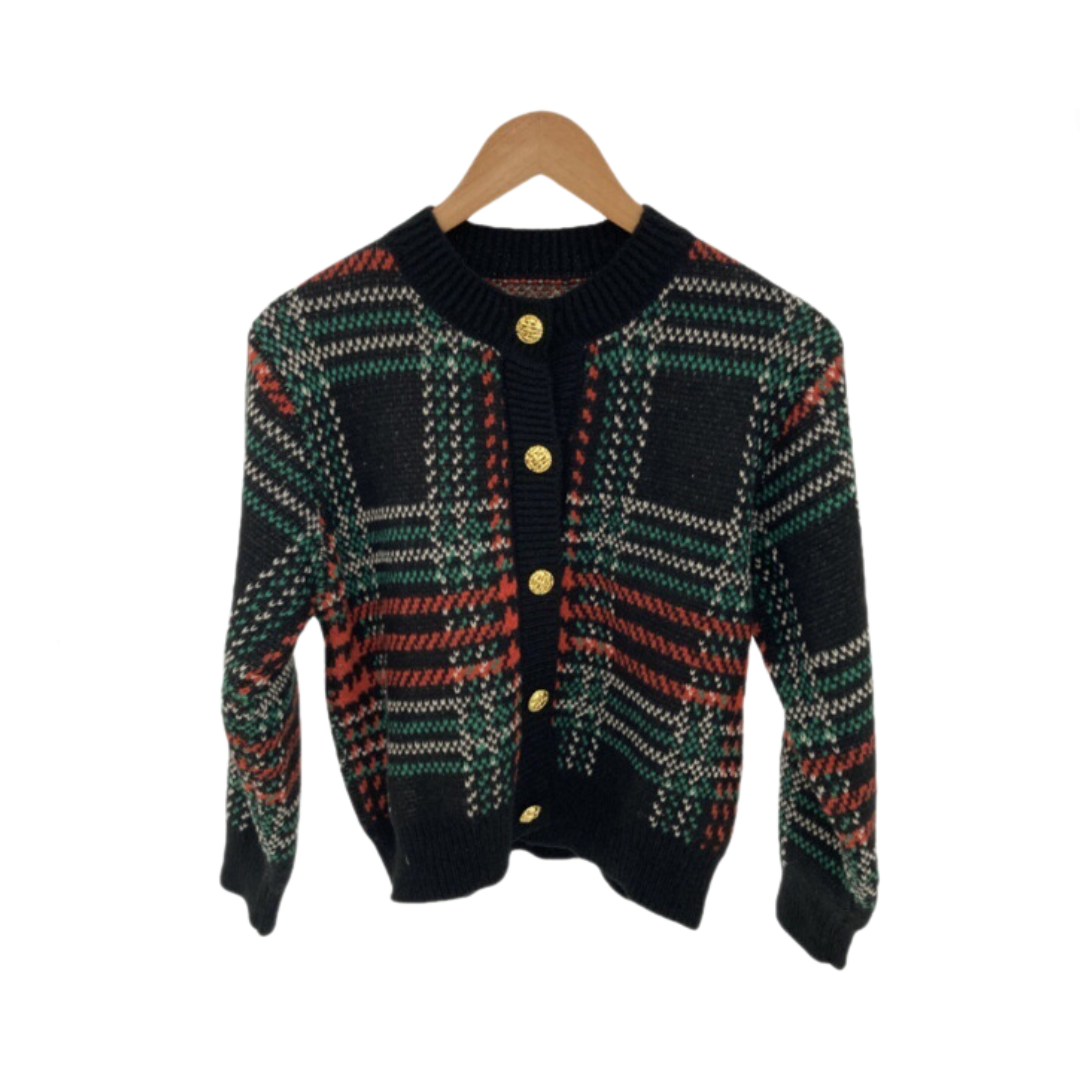 Pre Order:  Vintage Plaid Cropped Knitted Cardigan