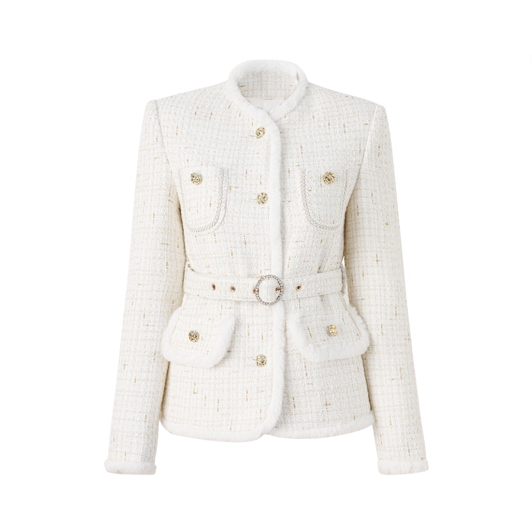 Pre Order:  White Woolen Patchwork Belted Jacket