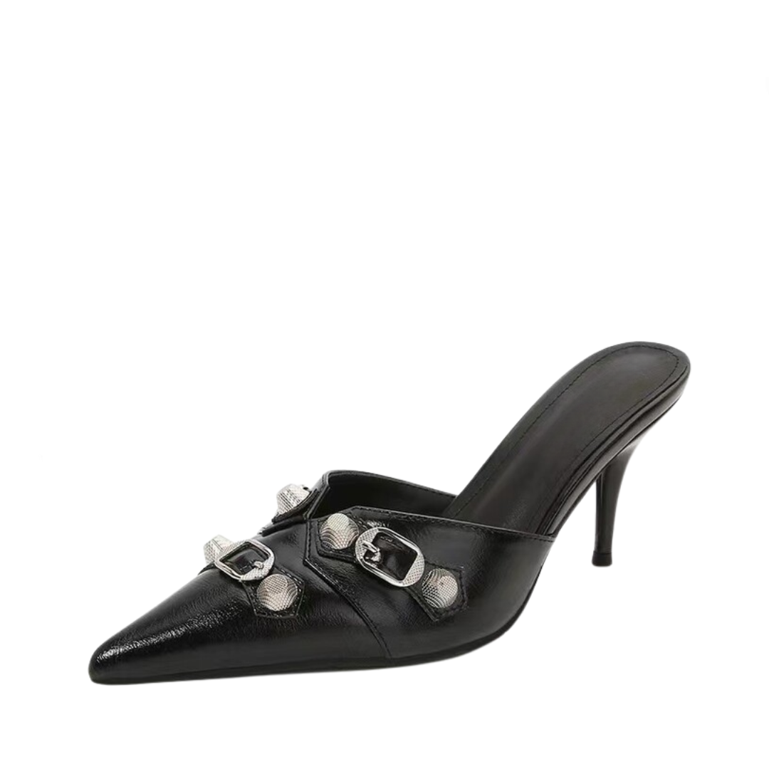 Pre Order:  Metal Rivet Buckle Strap Pointed Toe Stiletto Pumps