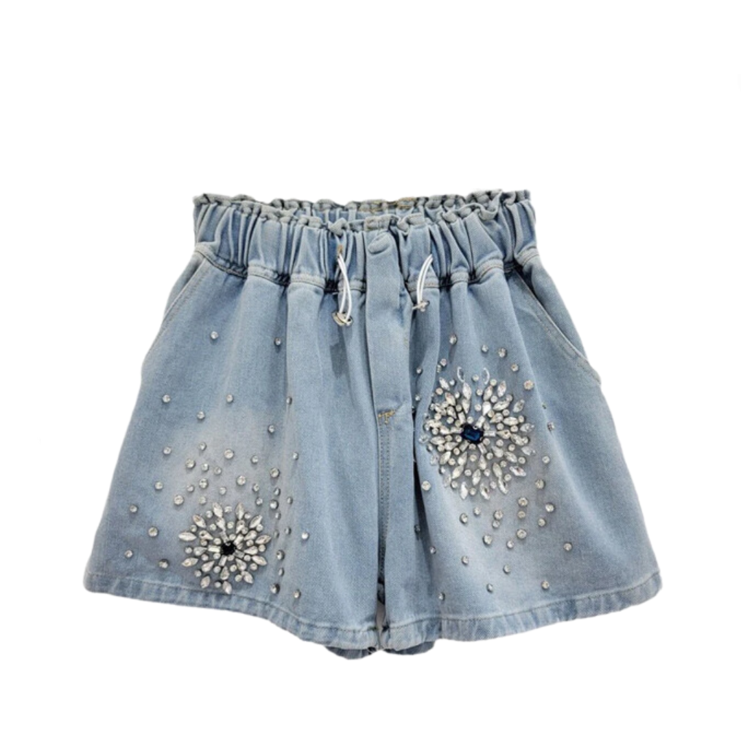 Pre Order:  Diamond Elastic Waist Drawstring Denim Shorts