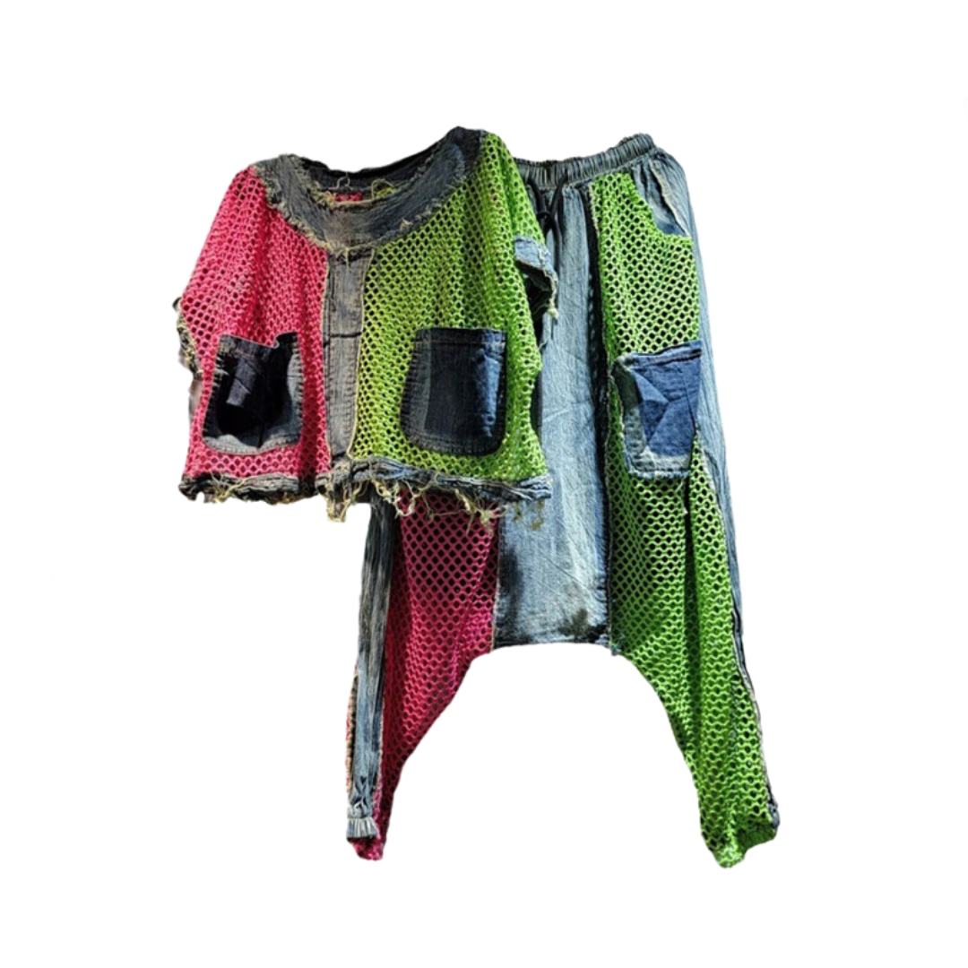 Pre Order:  Patchwork Contrast Color Burrs Denim Pockets Top + Elastic Waist Pants