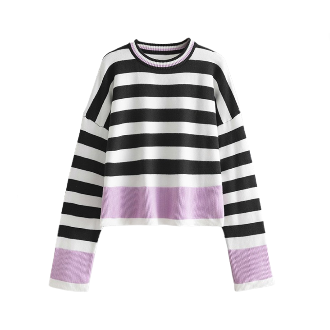 Pre Order:  Casual Striped Long Sleeved Round Neck Knitted Sweater