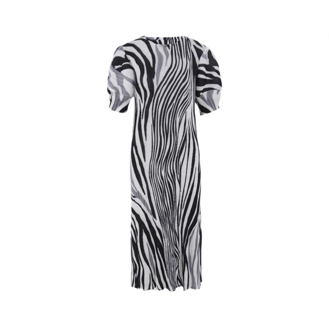 Pre Order:  Puff Sleeve Animal Print Round Neck Pleated Dress