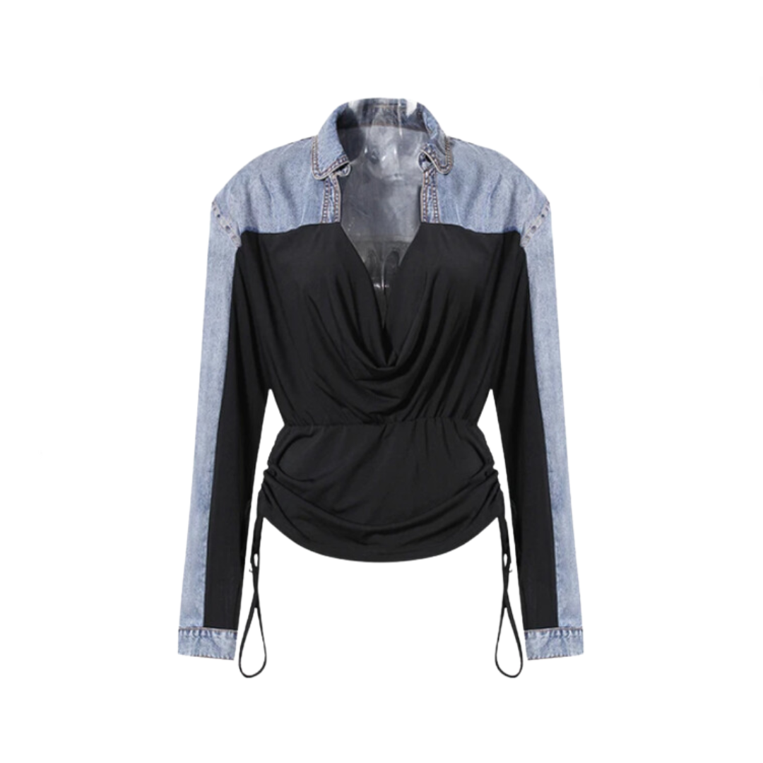 Pre Order:  Denim Drawstring Pleated V-Neck Long Sleeve Shirt