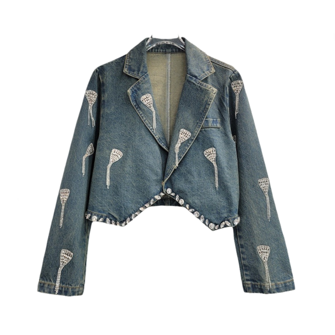 Pre Order: Embroidered Diamond Tassel Short Denim Jacket