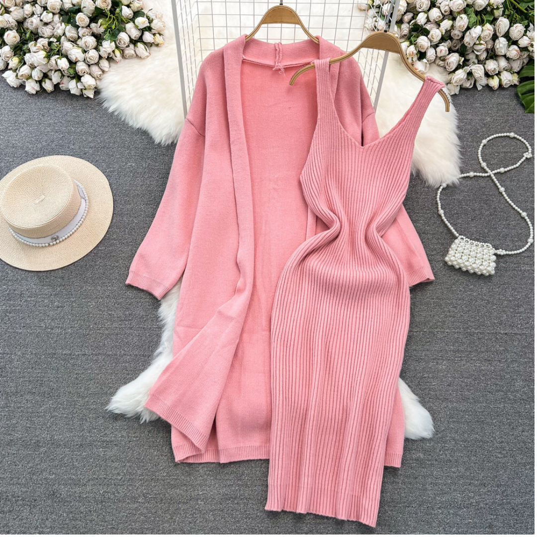 Long Loose Knitted Cardigan + Sleeveless Dress Set