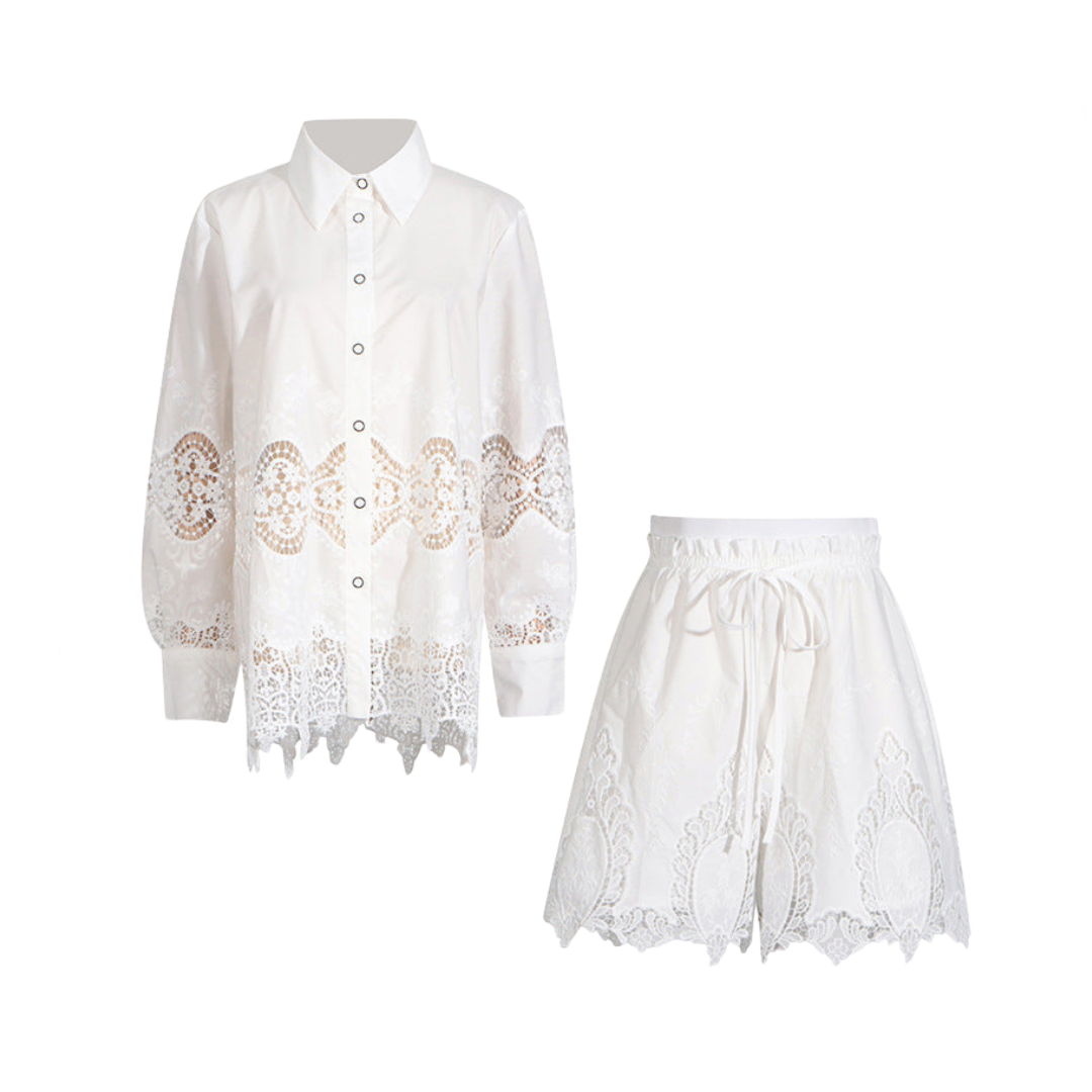 Embroidered Hollowed Out Shirt + Shorts Set