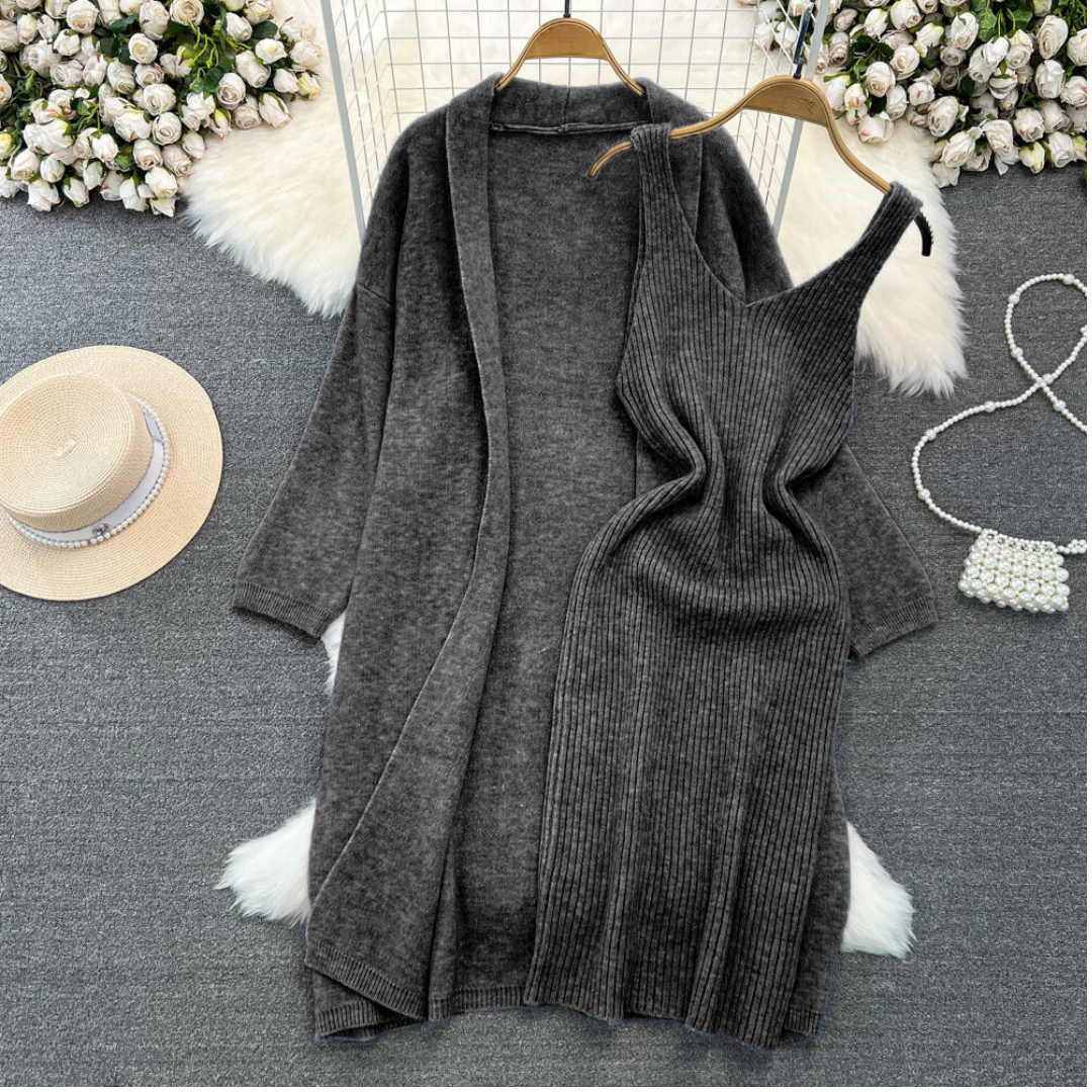 Long Loose Knitted Cardigan + Sleeveless Dress Set