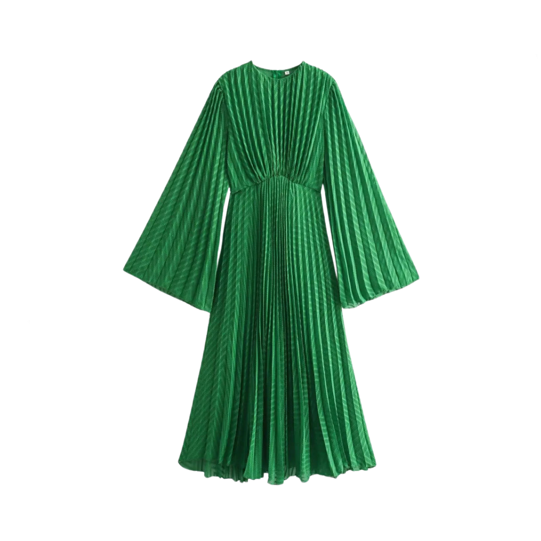 Green Pleated Round Neck Long Sleeved A-Line Dress