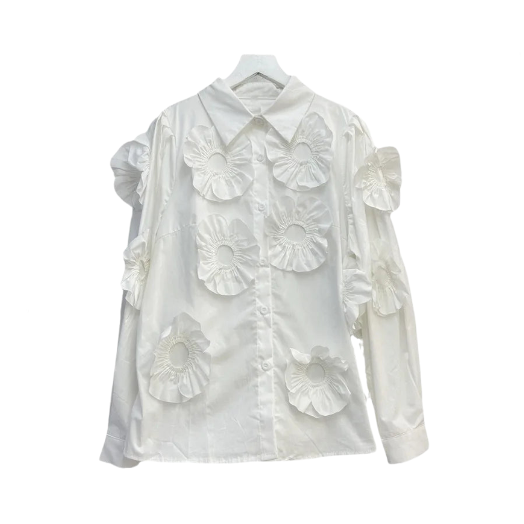 Pleated Large 3D Flower Long Sleeved Shirt