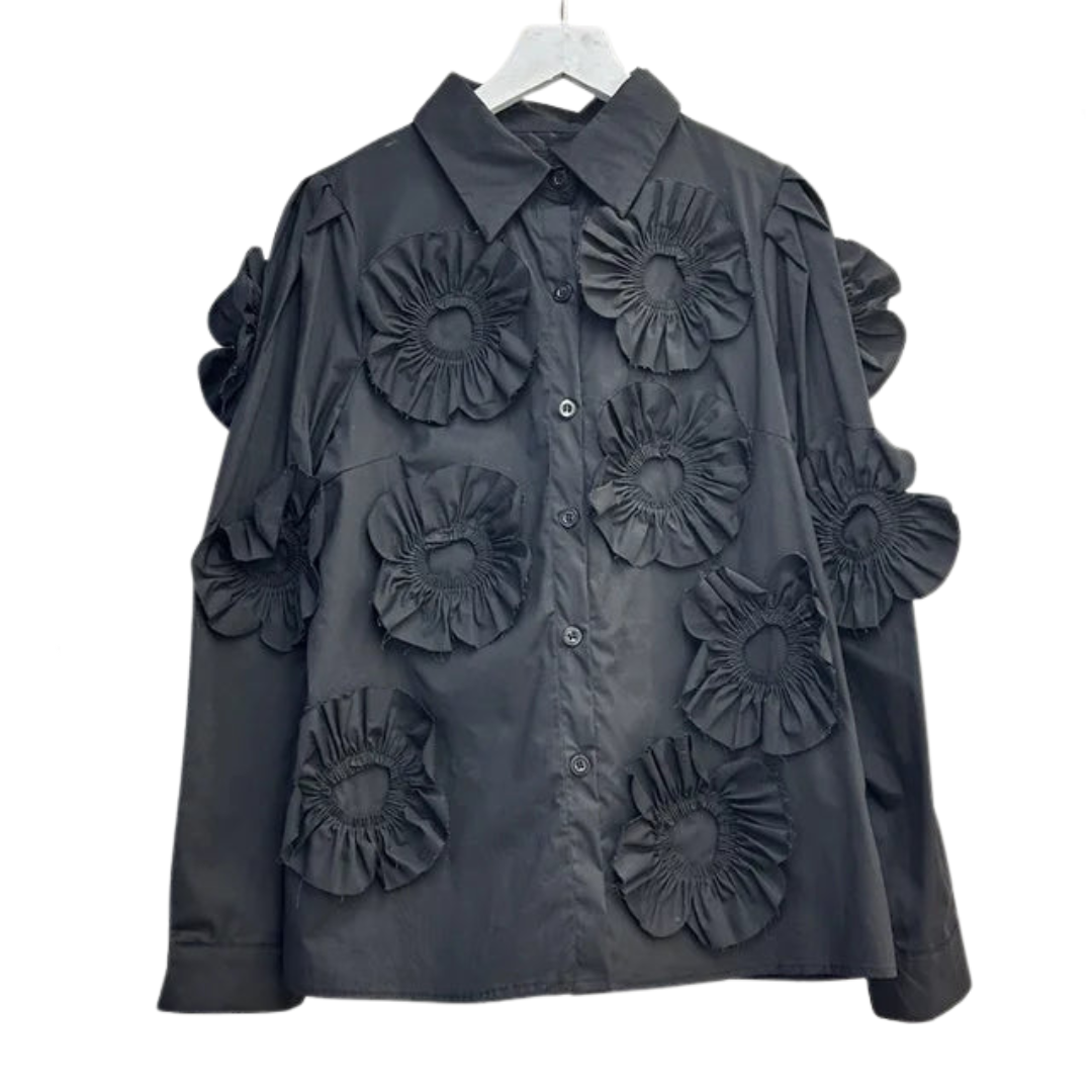 Pleated Large 3D Flower Long Sleeved Shirt